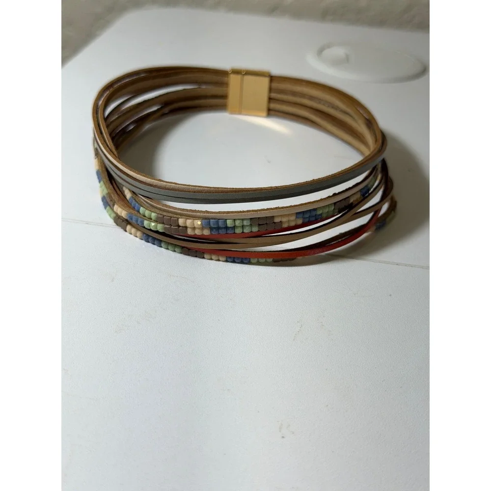 Multi-Strand‎ Leather Beaded Choker Necklace Womens Multicolor Boho